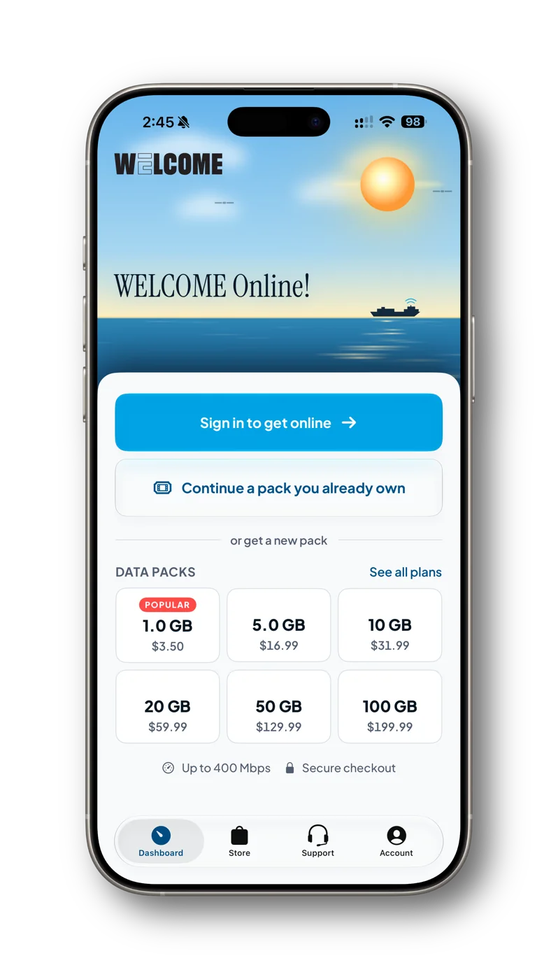 WELCOME app by day: data packs and sign in to get online, on the sea scene