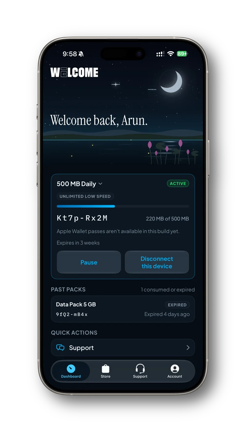 WELCOME app at night: active daily plan with usage, on the lotus pond scene