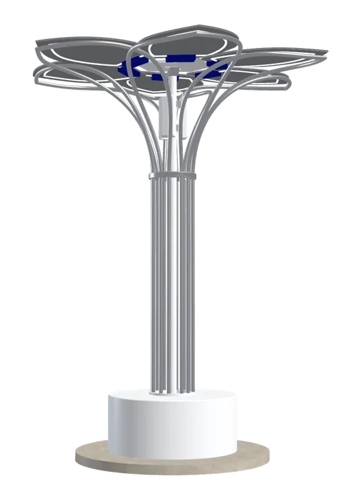 WELCOME Community hotspot concept by day: a solar flower tower with petal-shaped panels catching the sun