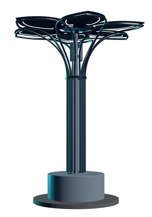 WELCOME Community hotspot concept at night: a solar flower tower with petal-shaped panels above a lantern-lit column