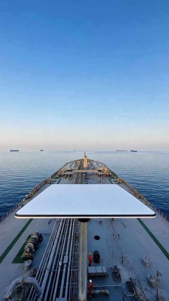 Starlink flat terminal mounted above the deck of a WELCOME equipped tanker at sea